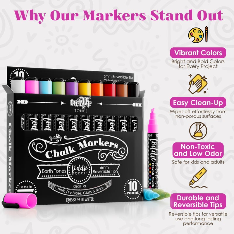Loddie Doddie Chalk Markers for Blackboard & Windows - 10 Count Earth Tones 6mm Chisel & Bullet Tip - Smudge-Proof Erasable Liquid Chalk Pens with Reversible Tips - Image 2